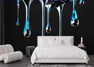 Sleek blue droplets falling, vibrant against dark background, gl Wall mural