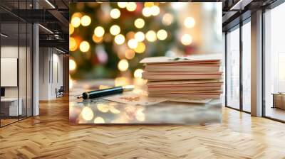 Stack of Christmas cards, pen, lights, holiday preparations Wall mural