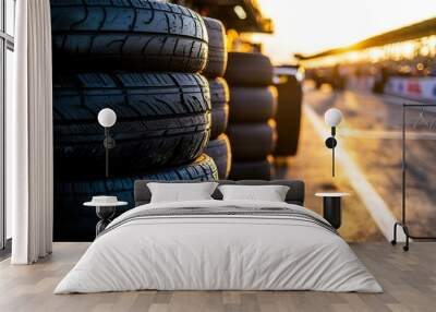 Stack of tires at sunset in racing pit lane Wall mural