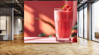 Strawberry smoothie in glass with berries on top, pink backdrop Wall mural