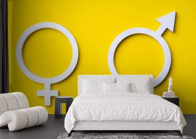 Symbols of Mars and Venus on a yellow background. Gender symbols of woman and man Wall mural