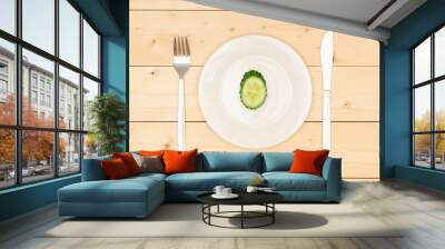 The concept of diet and healthy eating. One slice of fresh green cucumber on a white plate Wall mural