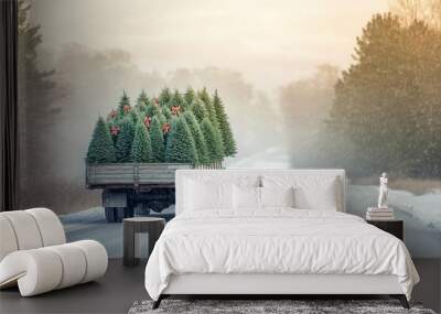 Truck transporting Christmas trees on snowy road Wall mural