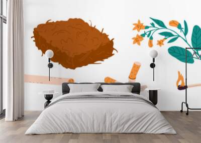 smoking. Tobacco plant in the form of fresh branches with flowers, in the form of dry leaves and in the form of pressed tobacco raw materials. Vector objects Wall mural