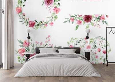 Watercolor floral set with compositions  flowers. Pink and burgundy roses hand drawing. Isolated on white. Perfectly for print design greeting card, wedding decoration, poster. Wall mural