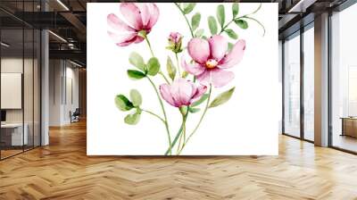 Wildflowers and leaves watercolor floral clipart. Flower bouquet perfectly for printing design on invitation, card, wall art and other. Illustration isolated on white background. Hand painting. Wall mural