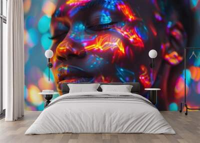 Woman with colorful holographic light on face, closed eyes Wall mural