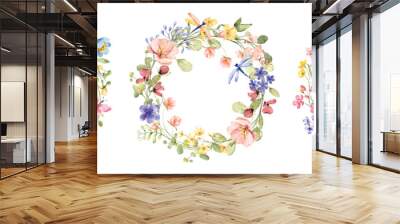 Wreaths, floral frames, watercolor wild flowers, Illustration hand painted. Isolated on white background. Perfectly for greeting card design. Wall mural