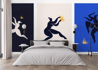 A set of posters, postcards inspired by Matisse. Cutout silhouette of dancing women. Collage in the style of Henri Matisse modern abstract vertical. Wall mural