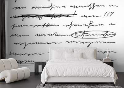 Vector unreadable handwriting, crossed out phrases. Exclamation points, underlining words in a sentence. Doodle illustration of unreadable text on a white background. Wall mural