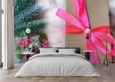 Festive Christmas and new year decorations with a gift box Wall mural