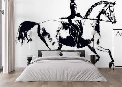 Hand drawing horse rider like engraving. Horseman silhouette with dressage galloping horse on white. Black on white background. Equestrian sport antique vintage grunge texture print vector style. Wall mural