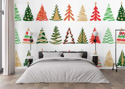 Hand drawn doodle christmas tree seamless border pattern. Red green color holiday style. New year vector symbol set. Simple artistic line stroke. Silhouette decor icons isolated on white background Wall mural