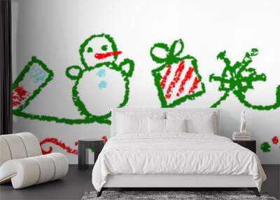 Seamless Christmas pattern or border like child hand drawing cartoon. Snowman, tree, deer, gift box, hut. Crayon, pastel chalk, pencil kid painting flat funny doodle simple vector stroke Wall mural