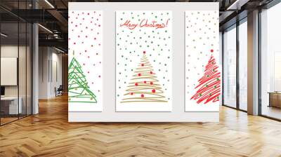 Сhristmas tree set card with falling snowflakes. Cute doodle green, gold, red white color hand drawn decor. Group of vector fir tree simple line design banner background. Holiday copy space. Wall mural