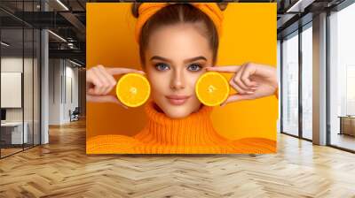 A young woman dressed in an orange sweater holds two orange halves up to her face on orange background Wall mural