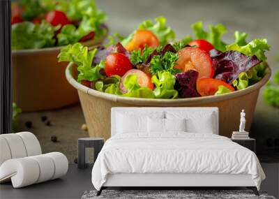 Two bowls of fresh salad with lettuce, tomatoes, and parsley.  Take away food Wall mural