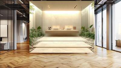 A bathroom with a large mirror and two sinks. The bathroom is decorated with plants and has a natural, calming atmosphere Wall mural