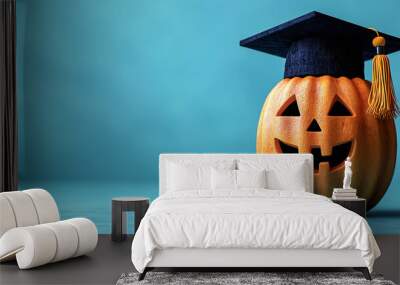 A cute pumpkin character with large eyes, wearing a graduation cap and gown, holds a tiny pumpkin against a bright turquoise background, blending education with Halloween charm.
 Wall mural