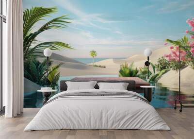 A picturesque tropical oasis with a wooden display platform surrounded by lush greenery, crystal clear water and soft dunes under a bright blue sky. Wall mural