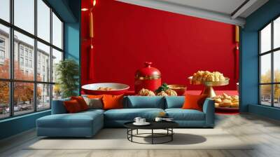 A red background with a table full of food. The table is set with plates of food, including dumplings, noodles, and other Asian dishes. Scene is festive and celebratory Wall mural