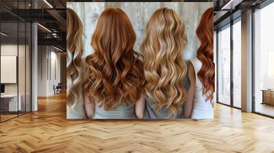 Back view of four women showcasing their long, wavy hair in various shades of blonde, red, and auburn. The image highlights the texture and color variations, set against a rustic wooden background. Wall mural