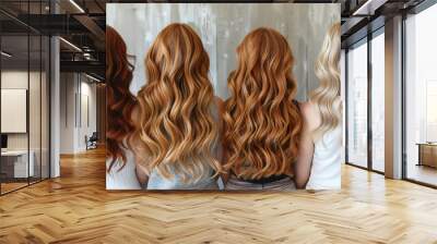 Back view of four women showcasing their long, wavy hair in various shades of blonde, red, and auburn. The image highlights the texture and color variations, set against a rustic wooden background. Wall mural