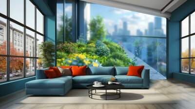 Close-up of a lush balcony garden filled with vibrant plants and flowers, with a modern city skyline in the background. Wall mural