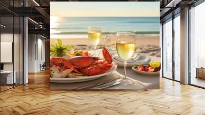 Seaside dinner with gourmet lobster platter and white wine at sunset, beach background Wall mural