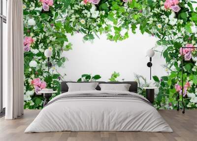  spring floral decoration frame with pink roses, green leaves and wild herbs on white background Wall mural