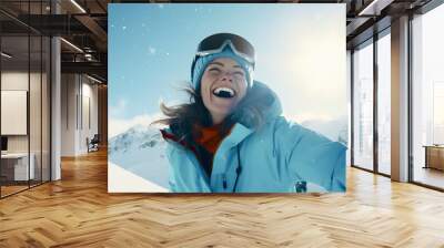 Snowy Summit Selfie: A Winter Sports Enthusiast Captures a Moment on the Mountain Top, ai generative Wall mural