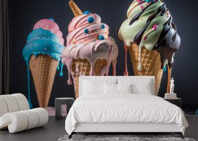 Three ice cream cones with blue, pink, and green scoops, melting and sprinkled with colorful toppings, against a dark background, ai generative Wall mural