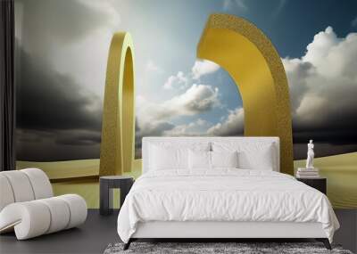 Two large, golden arches stand amidst a vast, undulating desert under a dramatic sky filled with dark and light clouds Wall mural