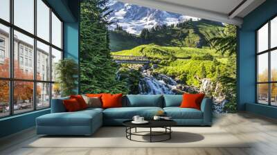 Edith Creek Falls and Mt Rainier Wall mural