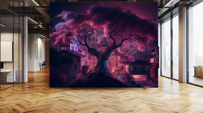 Fantasy night city Japanese landscape, neon light, residential buildings, big sakura tree. Night urban fantasy background. 3D illustration. Generative AI Wall mural