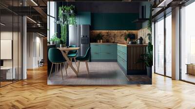 modern kitchen with green furniture and concrete on walls. generative ai Wall mural