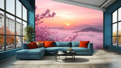  A pink tree on the top of a mountain, a sea of clouds, a sunrise Wall mural