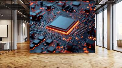 Electrifying close-up of an illuminated orange-copper CPU microchip on a circuit board, revealing intricate hardware details, ideal for tech concepts and innovations in electronic engineering Wall mural