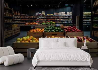 Fruit and vegetable display in organic grocery store with wooden boxes of fresh produce, fruit trees, greenery, interior design of modern grocery shop, architecture photography, warm lighting Wall mural