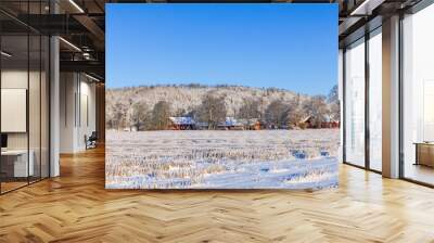 Farm on a field in a beautiful winter landscape view Wall mural