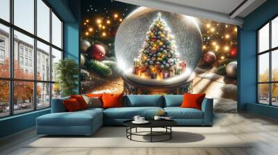 Magical Christmas Snow Globe with Illuminated Tree and Gifts Wall mural