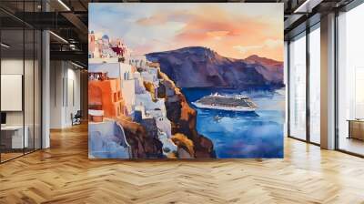 Watercolor painting of a sunset in Santorini, with cruise ships at sea Wall mural