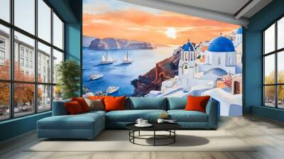 Watercolor painting of a sunset in Santorini, with cruise ships at sea Wall mural