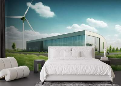 Wind Generator next to Factory hall Panorama. Generative AI. Wall mural