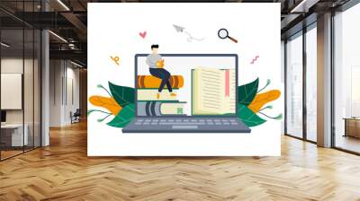 e-book, reading an ebook, e-library, modern media book library on large laptop concept with small people vector flat illustration, suitable for background, banner, advertising illustration Wall mural