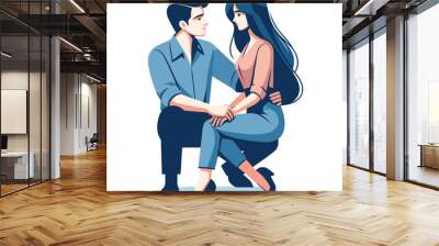 Romantic couple lovers vector illustration, Happy young male female couple together, wife and husband loving relationships. Flat design illustration isolated on white background Wall mural