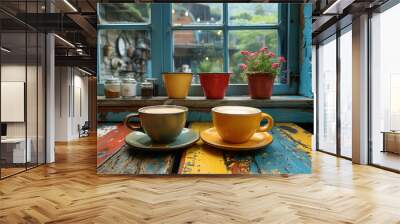 Two coffee cups on a colorful rustic table with a window view to urban life, Cozy Morning and Urban Retreat Style, Relaxation Concept, perfect for lifestyle and culinary magazines Wall mural