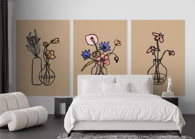 Set of posters with flowers and vases. Hand drawn ink illustrations. Vector floral graphic prints Wall mural