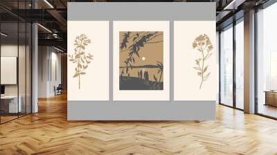 Set of posters with plants and summer landscape illustrations. Great for interior decor, wall art, tote bag, t-shirt print. Wall mural