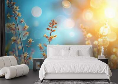 A fresh spring blue sunny sky background with blurred warm sunny glow Wall mural